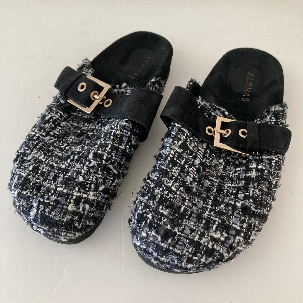 Alohas Anthropologie Cozy Tweed Slip On Clogs Black & Silver Sz 39